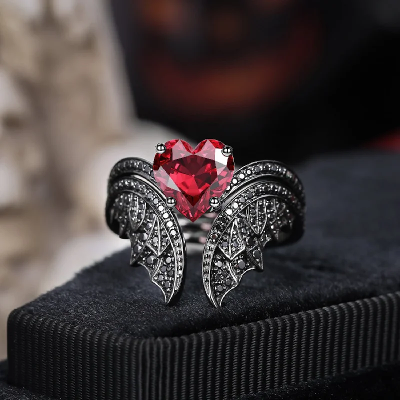 Women's Christmas rings-Heart Shaped Lab Ruby Vintage Black Gold Bridal Set 2pcs - Bat Ring