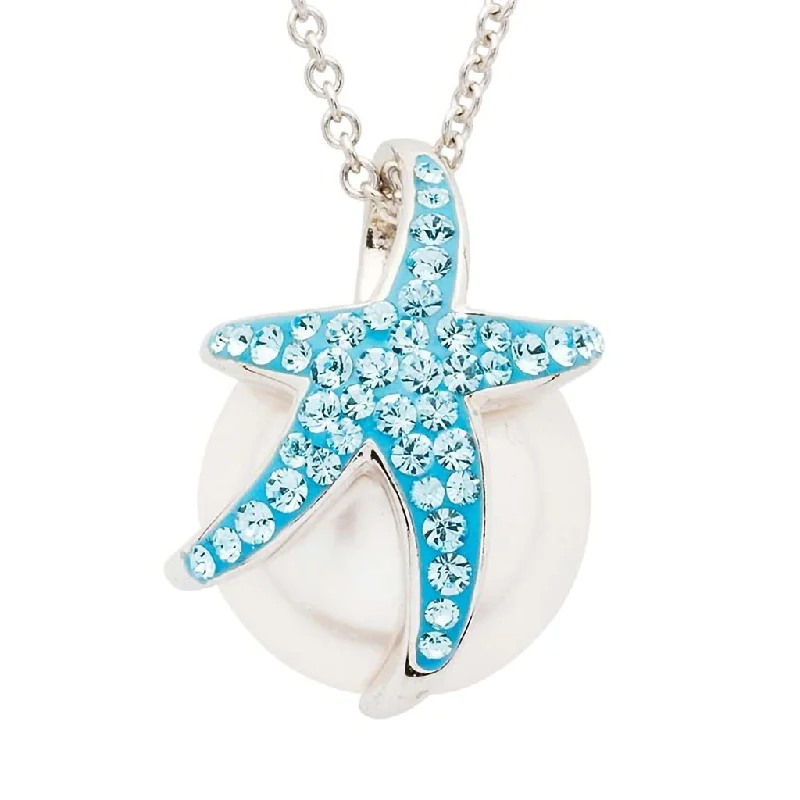 Women's moon phase necklaces-Ocean : Sterling Silver Pearl with Aqua Crystal StarFish Necklace