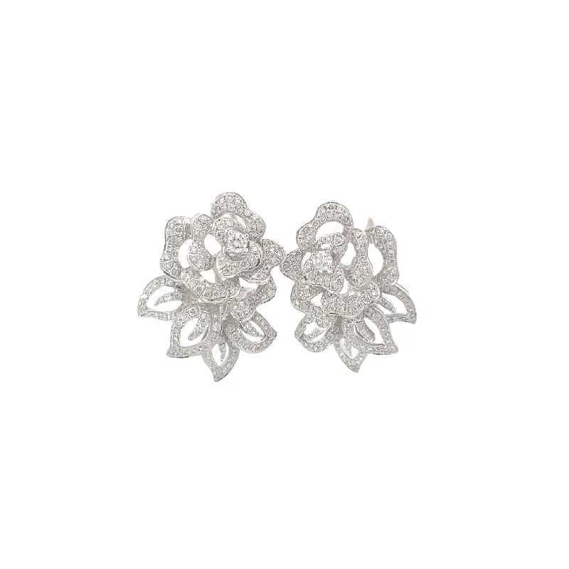 Vintage women's earrings-White Gold Diamond Rose Earrings