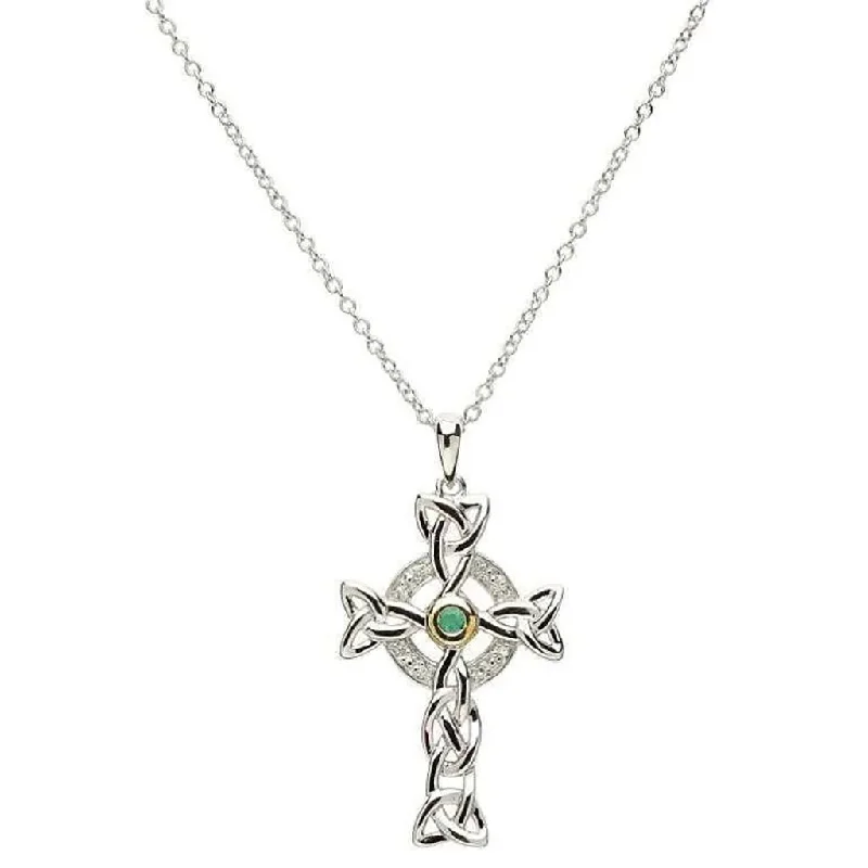 Women's elegant necklaces-Shanore : Trinity Knot Diamond & Emerald Silver Celtic Cross Necklace