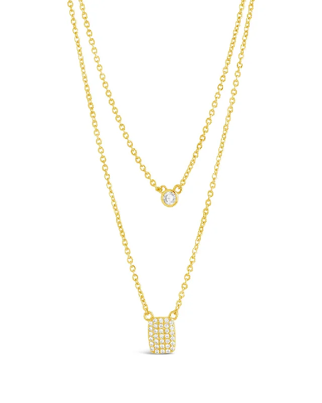 Women's DNA necklaces-Bezel & CZ Tag Layered Necklace - Gold