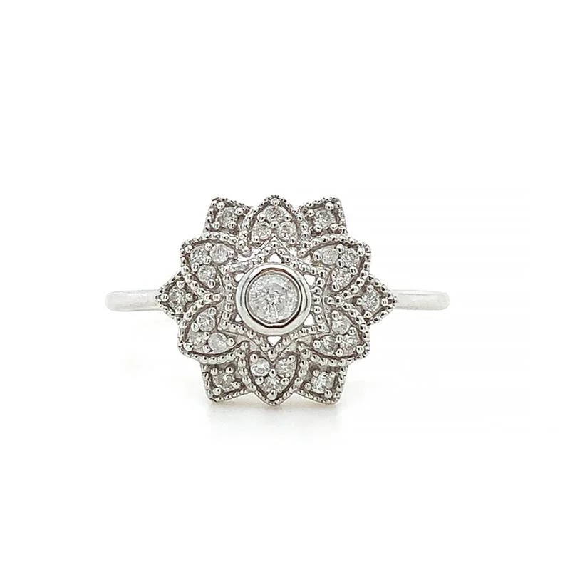 Women's cocktail rings-9K White Gold 0.15ct Diamond Vintage Style Flower Ring