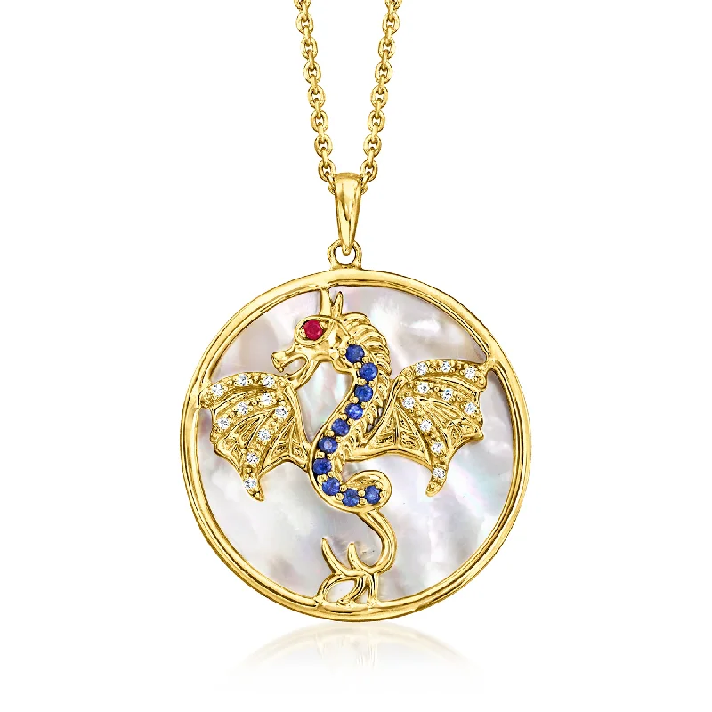 Women's sapphire necklaces-Ross-Simons Mother-Of-Pearl and . Multi-Gemstone Dragon Medallion Pendant Necklace With Diamond Accents in 18kt Gold Over Sterling