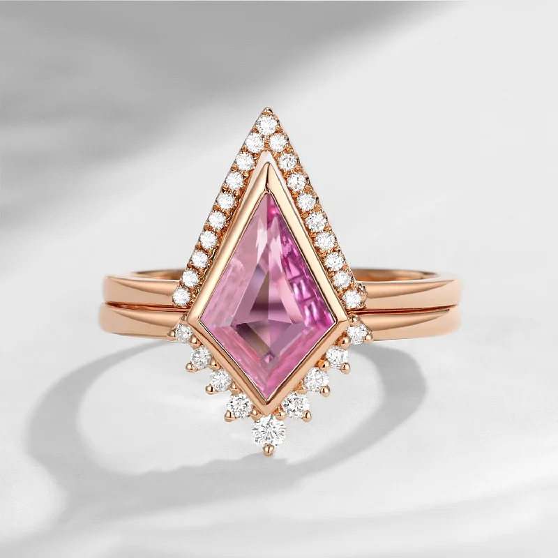 Women's seasonal rings-Classic Kite Cut Lab Pink Sapphire Ring Set 2pcs - Statement