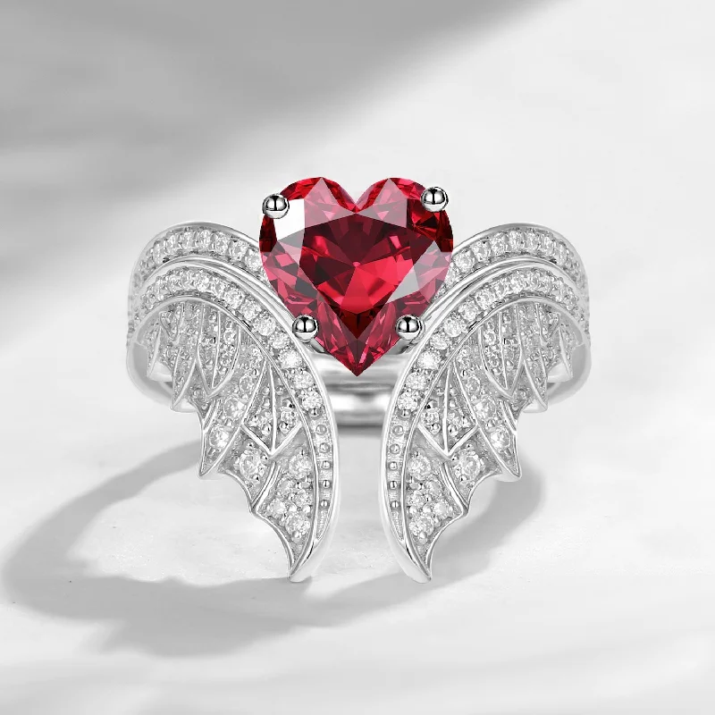 Custom women's rings-Heart Shaped Lab Ruby Vintage Bridal Set 2pcs - Bat Ring