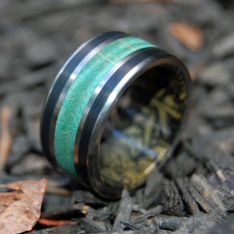 Women's luxury gift rings-Water Buffalo Gold | Men's Mokume Gane, Green Maple, Horn & Titanium Wedding Ring