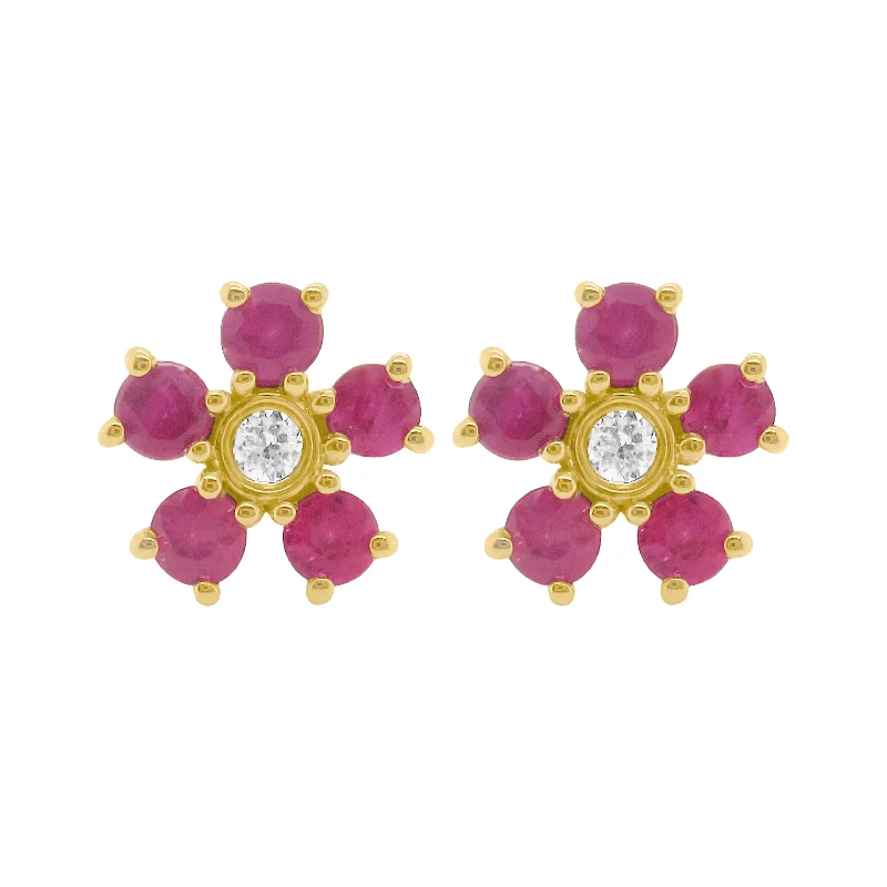 Women's statement earrings-14K GOLD DIAMOND AND RUBY STELLA FLOWER STUDS