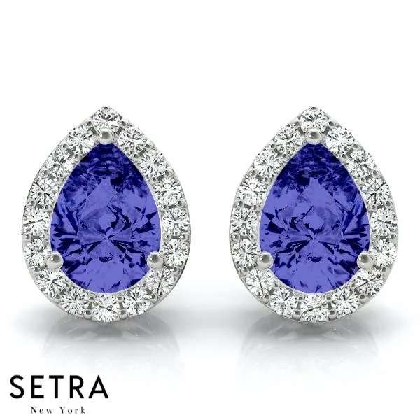 Women's titanium rings-SAPPHIRE PEAR SHAPE & ROUND CUT DIAMONDS HALO STUD EARRING 14K GOLD