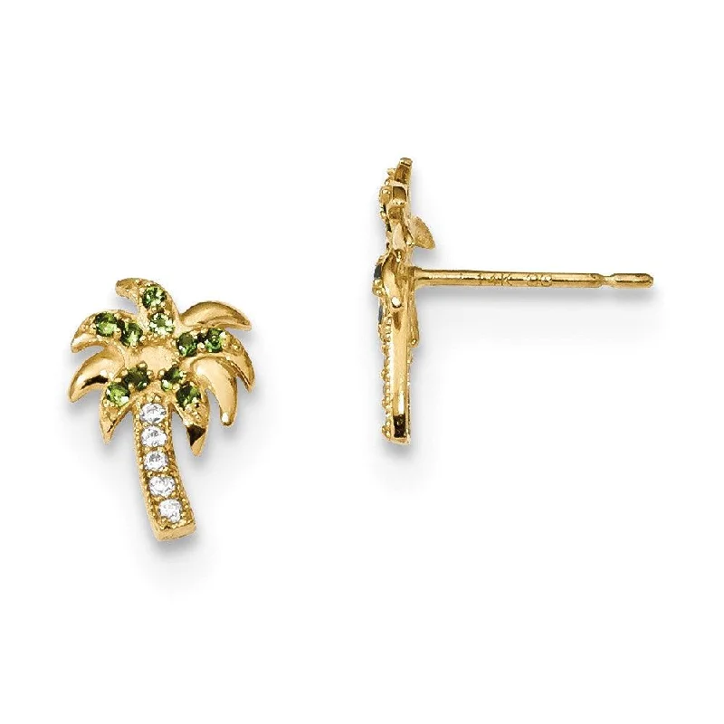 Women's sustainable earrings-Madi K Kid's 14k  Green & Clear CZ Palm Tree Post Earrings