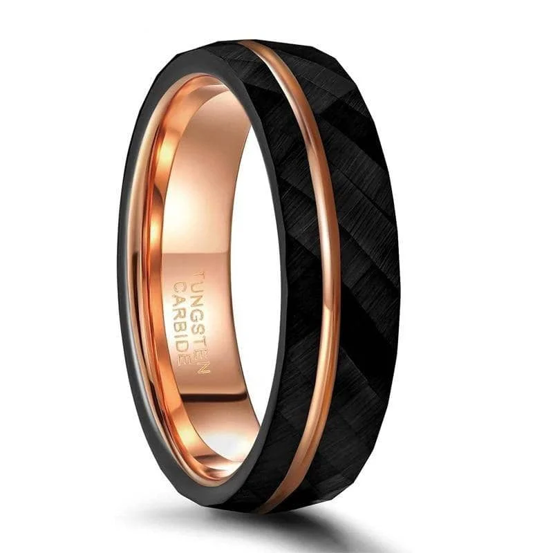 Women's ethical rings-6mm/8mm Black Tungsten Rings with Thin Rose Gold Line