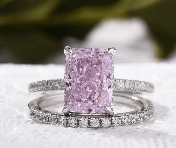 Women's sapphire rings-Radiant Cut Elegant Pink Stone Wedding Ring Set