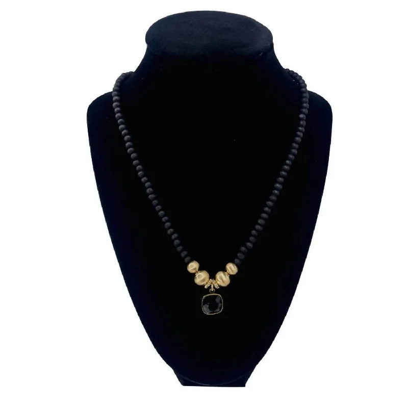 Women's charm necklaces-Wood And Brushed Gold Bead Necklace In Black