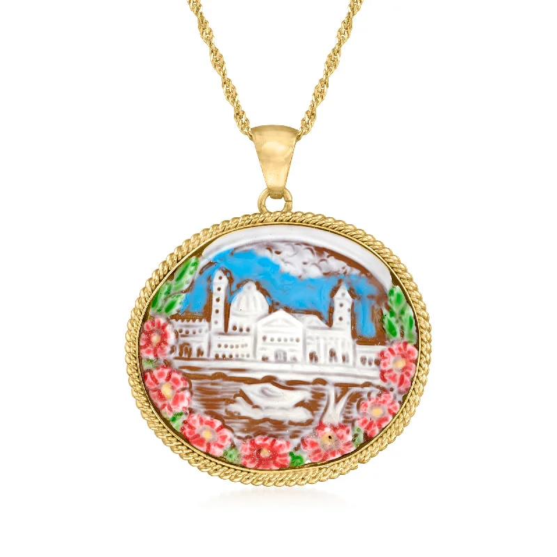 Women's pet memorial necklaces-Ross-Simons Italian Brown Shell Cameo San Marco Square Pendant Necklace With Multicolored Enamel in 18kt Gold Over Sterling