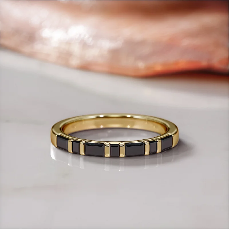 Women's Christmas rings-Black Sea Geometric Wedding Ring with Baguette Cut Natural Black Diamonds