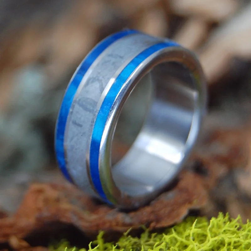 Women's platinum rings-Blue Marbled Meteorite | Men's Blue Marbled Opalescent, Meteorite & Titanium Wedding Ring