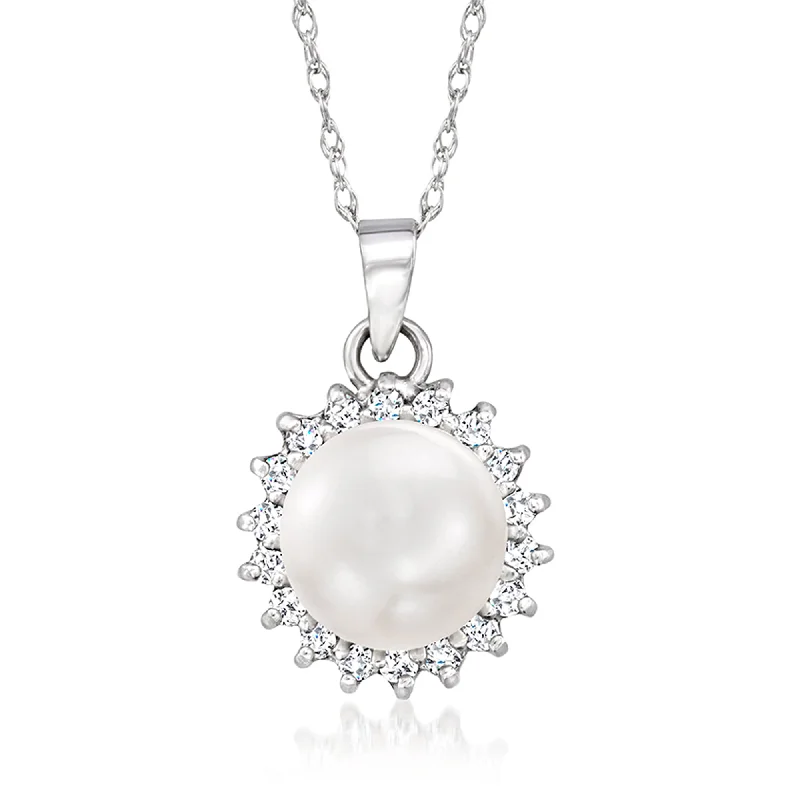 Women's layered necklaces-Ross-Simons 7-7.5mm Cultured Pearl and . Diamond Pendant Necklace in 14kt White Gold