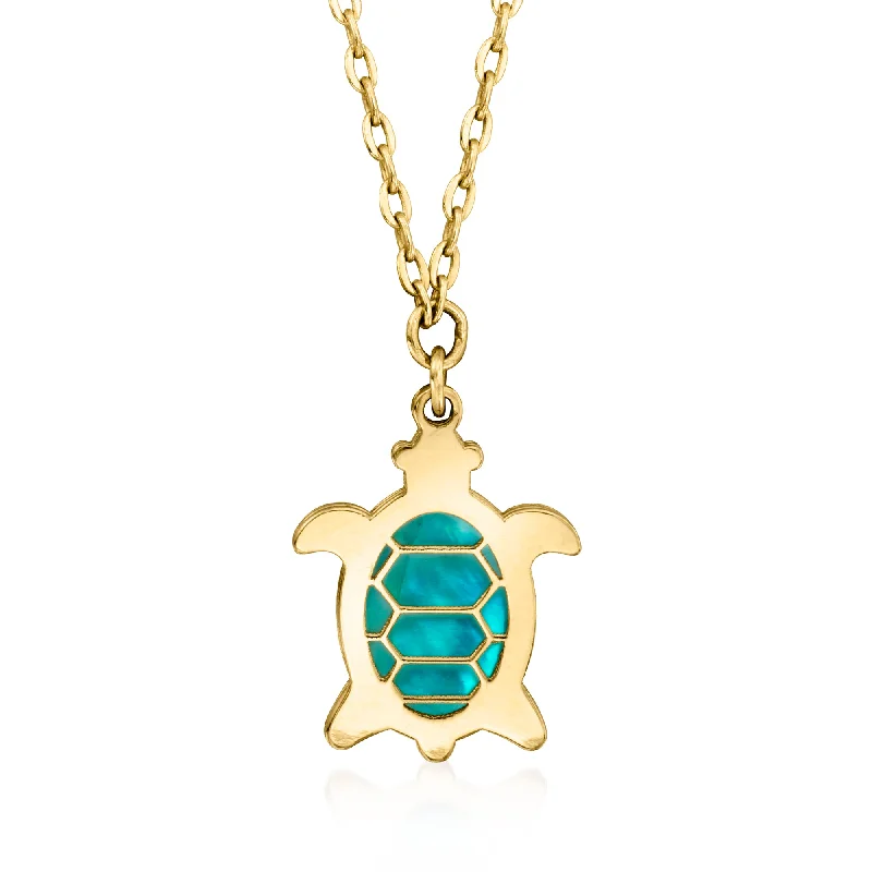 Women's family necklaces-Ross-Simons Italian Blue Mother-Of-Pearl Turtle Necklace in 14kt Yellow Gold