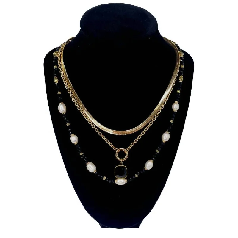 Women's bridal necklaces-Women's 3 Layered Necklace In Black/pearl