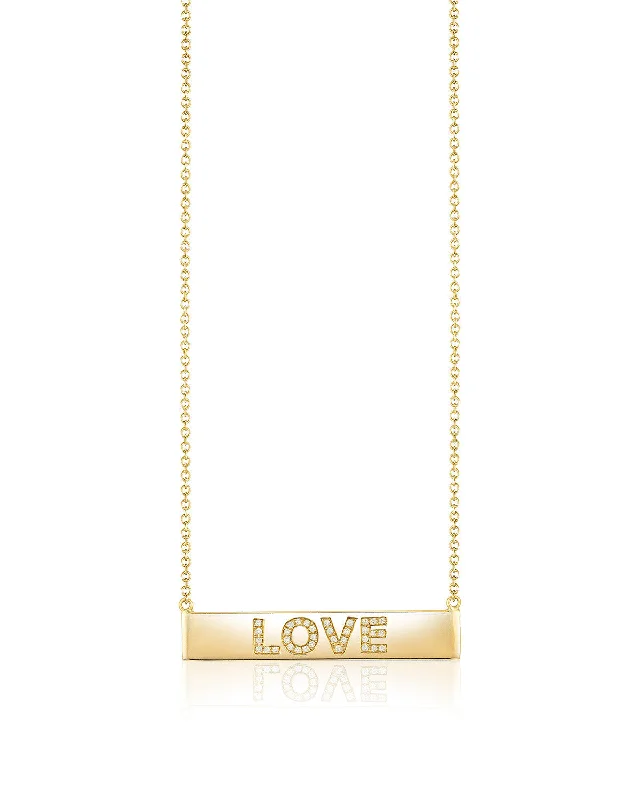 Women's geometric necklaces-Diamond LOVE Bar Necklace Yellow Gold