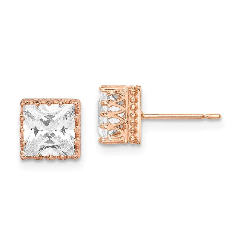 Women's pearl earrings-10k Tiara Collection 7mm Rose Gold Polished Square CZ Earrings