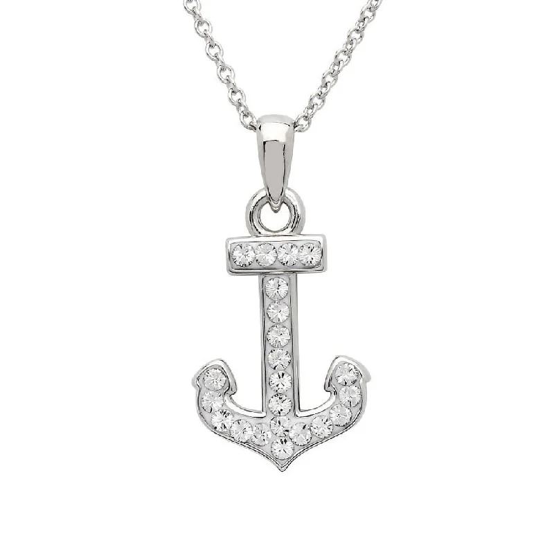 Women's pet memorial necklaces-Ocean : Anchor Necklace Encrusted with White Crystal