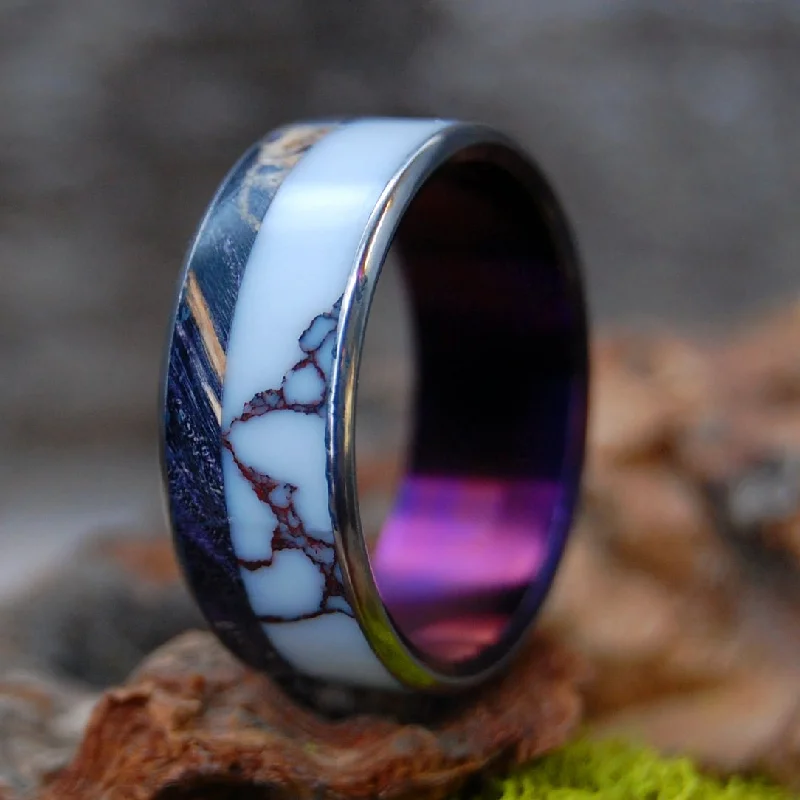 Women's sustainable rings-Wild & Purple | Men's Purple Box Elder, Wild Horse Jasper & Titanium Wedding Ring