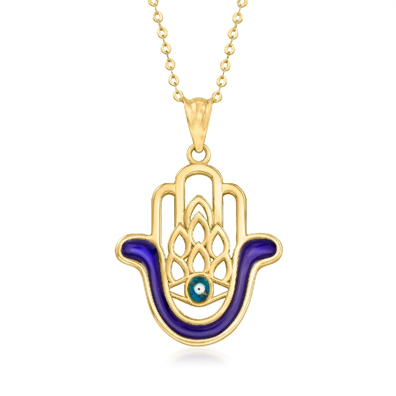 Women's art deco necklaces-Canaria 10kt Yellow Gold Hamsa Hand Pendant Necklace With Blue Enamel