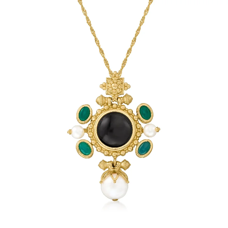 Women's locket necklaces-Ross-Simons Italian Cultured Pearl, Black Onyx and Green Agate Pendant Necklace in 18kt Gold Over Sterling Silver