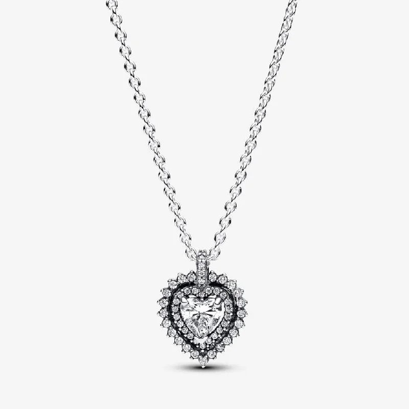 Women's K gold necklaces-PANDORA : Sparkling Heart Halo Pendant Necklace - Sterling Silver