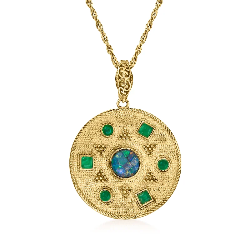 Women's zodiac necklaces-Ross-Simons Black Opal and Green Agate Sun Medallion Pendant Necklace in 18kt Gold Over Sterling