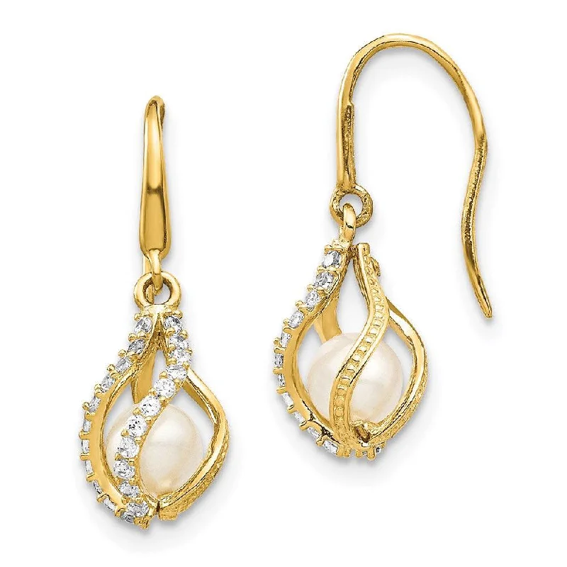 Women's cross earrings-14k White Freshwater Cultured Pearl CZ Cage Dangle Earrings