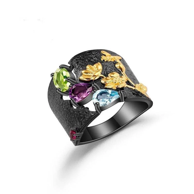 Women's friendship rings-Natural Multicolor Gemstones Handmade Humming Bee Flower Ring