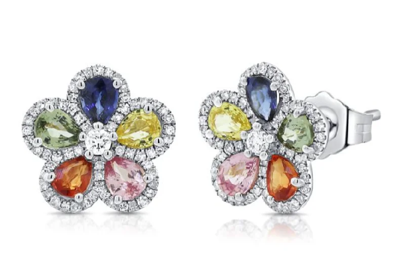 Women's ruby earrings-14K GOLD DIAMOND MULTI COLOR SAPPHIRE DARA FLOWER STUDS