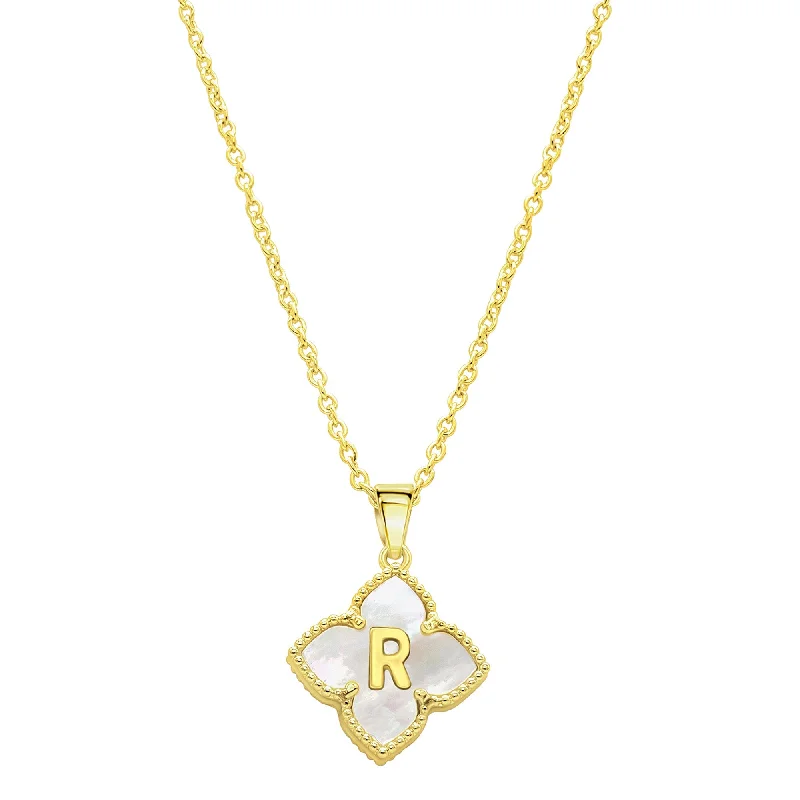 Women's fingerprint necklaces-14K Gold Plated White Mother-of-Pearl Initial Floral Necklace