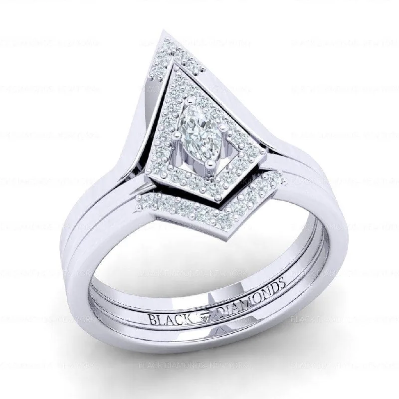 Women's platinum rings-Together We Fly- Kite Shape Pear Diamond Promise Ring Set