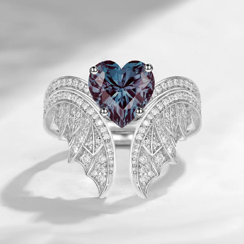 Women's luxury party rings-Heart Shaped Lab Alexandrite Vintage Bridal Set 2pcs - Bat Ring