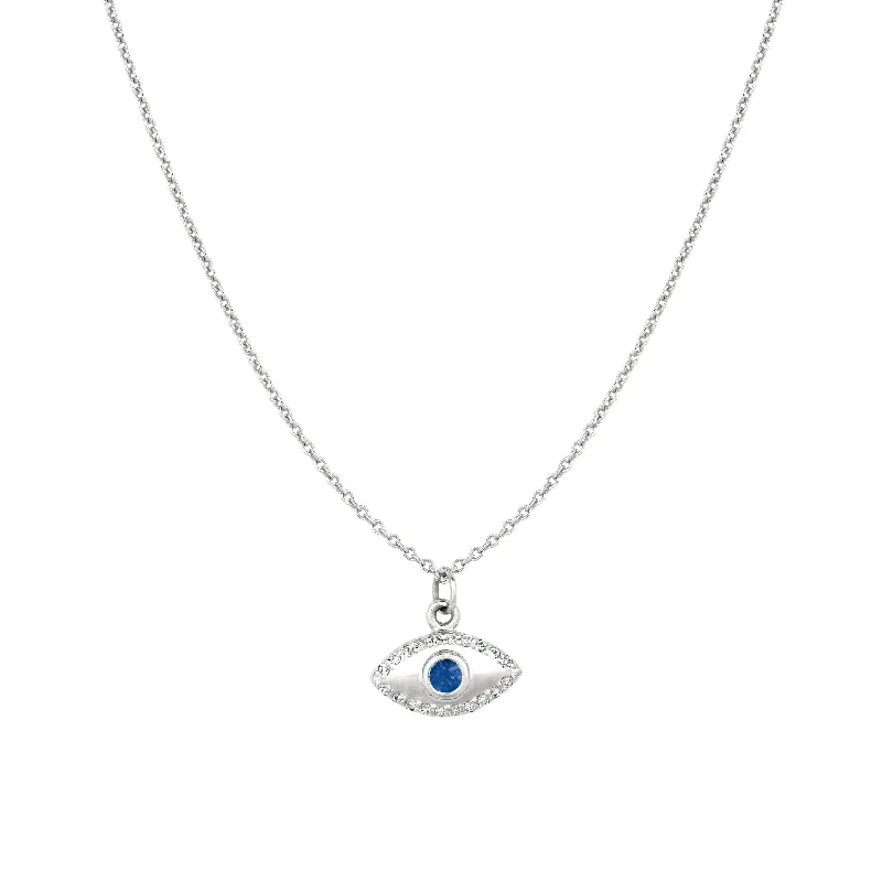 Women's astrology necklaces-Diamond & Sapphire Evil Eye Necklace White Gold