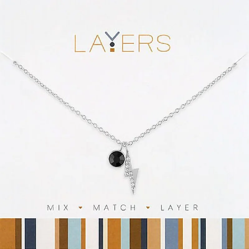 Women's rose gold necklaces-Center Court : Silver Lightning Bolt & Jet Black Layers Necklace