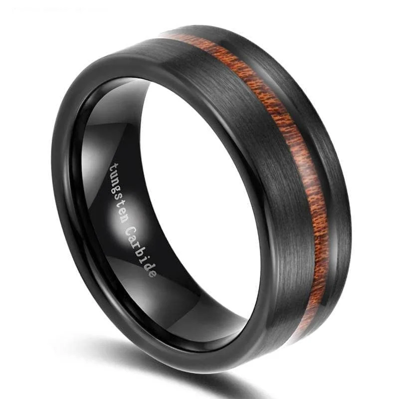 Women's exclusive rings-Black with Wood Line Tungsten Carbide Ring