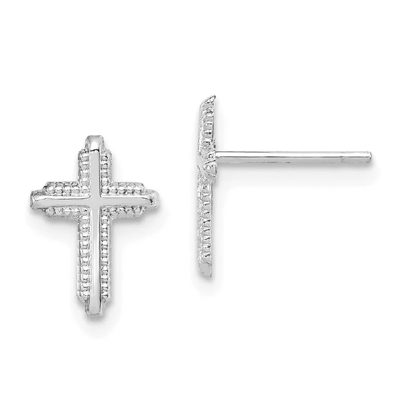 Women's handmade artisan earrings-10K White Gold Polished Cross Post Earrings