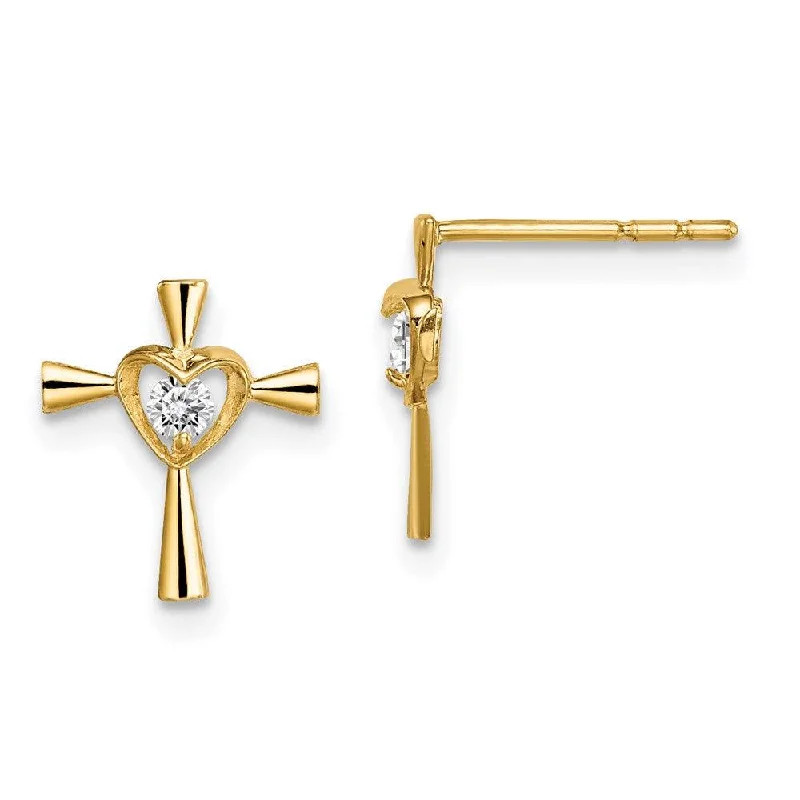 Women's luxury brand earrings-Madi K Kid's 14k  CZ Cross with Heart Post Earrings