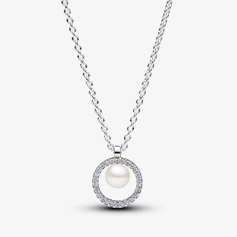 Women's ethical necklaces-PANDORA : Treated Freshwater Cultured Pearl & Pavé Collier Necklace - Sterling Silver