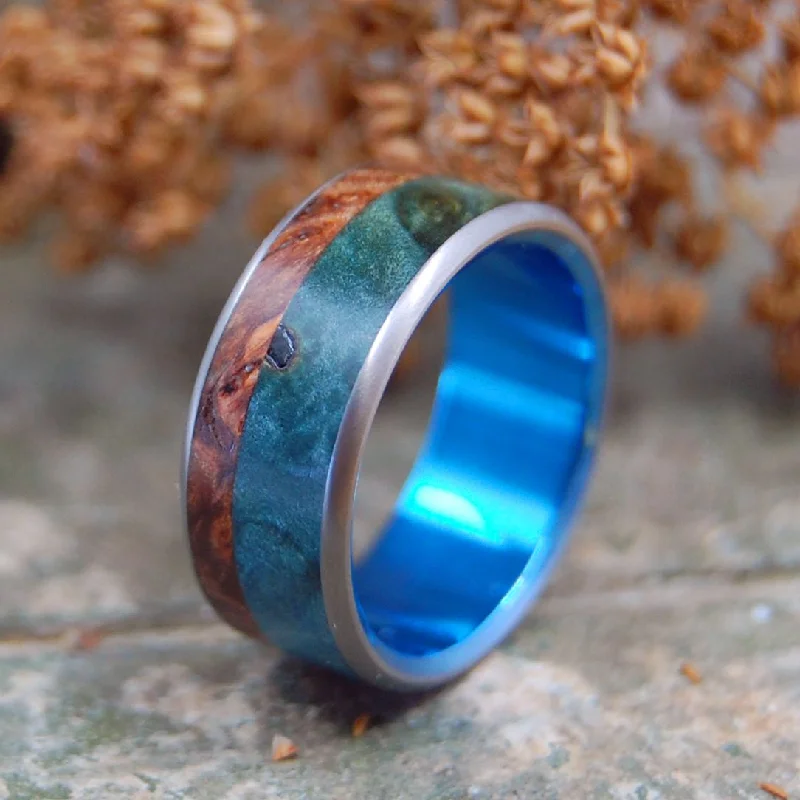 Women's adjustable rings-Walden | Men's Redwood, Blue Box Elder & Titanium Wedding Ring