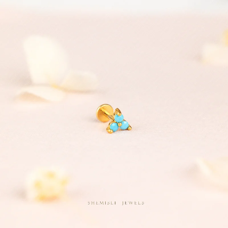 Women's birthstone earrings-Tiny 3-Petal Turquoise Flower Threadless Flat Back Lip Labret Stud, 18,16ga, 6-10mm, Unisex, Surgical Steel, SHEMISLI SS570