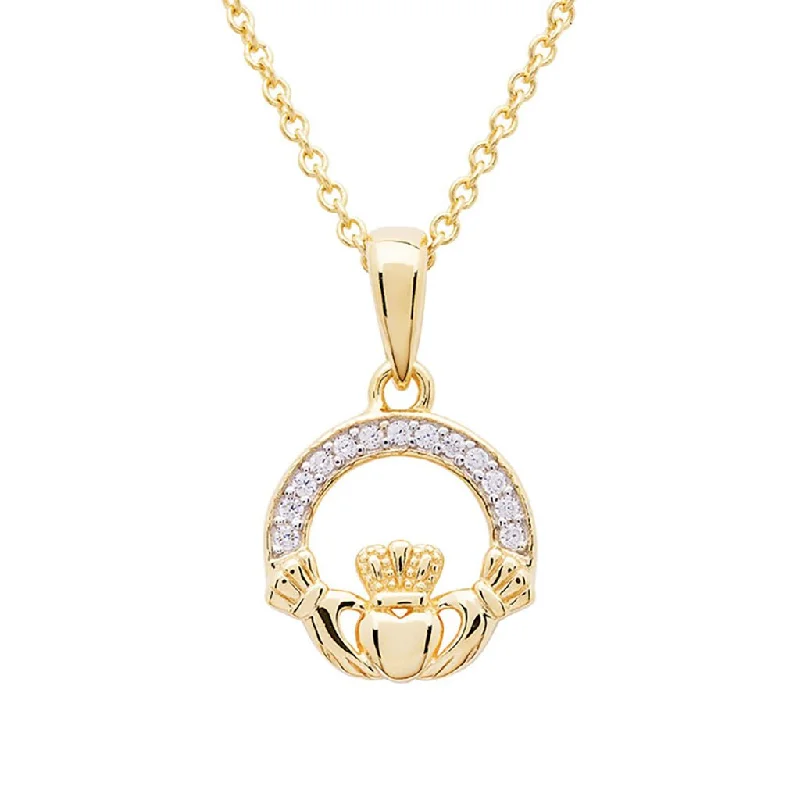 Women's modern design necklaces-Shanore : 14KT Gold Vermeil Claddagh Necklace Studded with White Cubic Zirconias