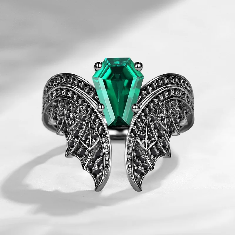 Women's celestial rings-Coffin Cut Lab Emerald Vintage Black Gold Bridal Set 2pcs - Bat Ring