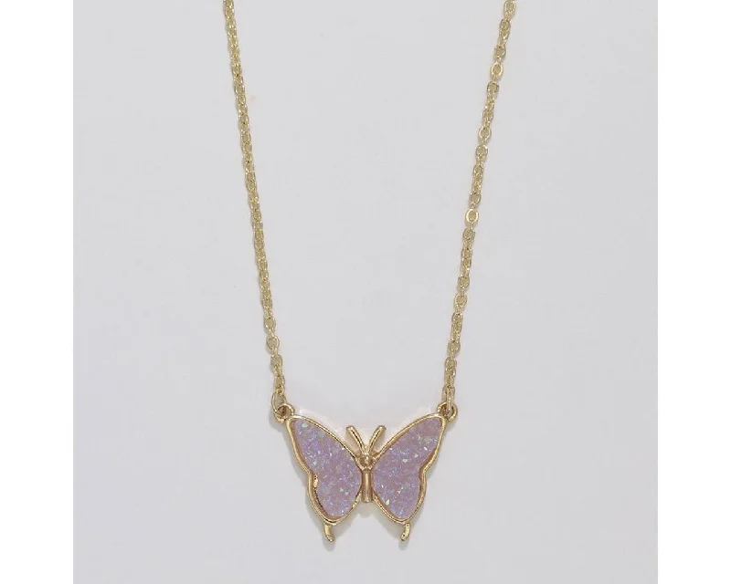 Women's gemstone necklaces-Periwinkle by Barlow : Gold Butterflies with Lavender Druzy Wings - Necklace