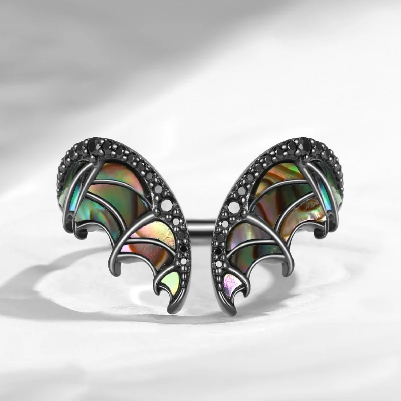 Women's silver rings-Curved Bat Wing Inspired Abalone Shell Black Gold Wedding Enhancer Ring