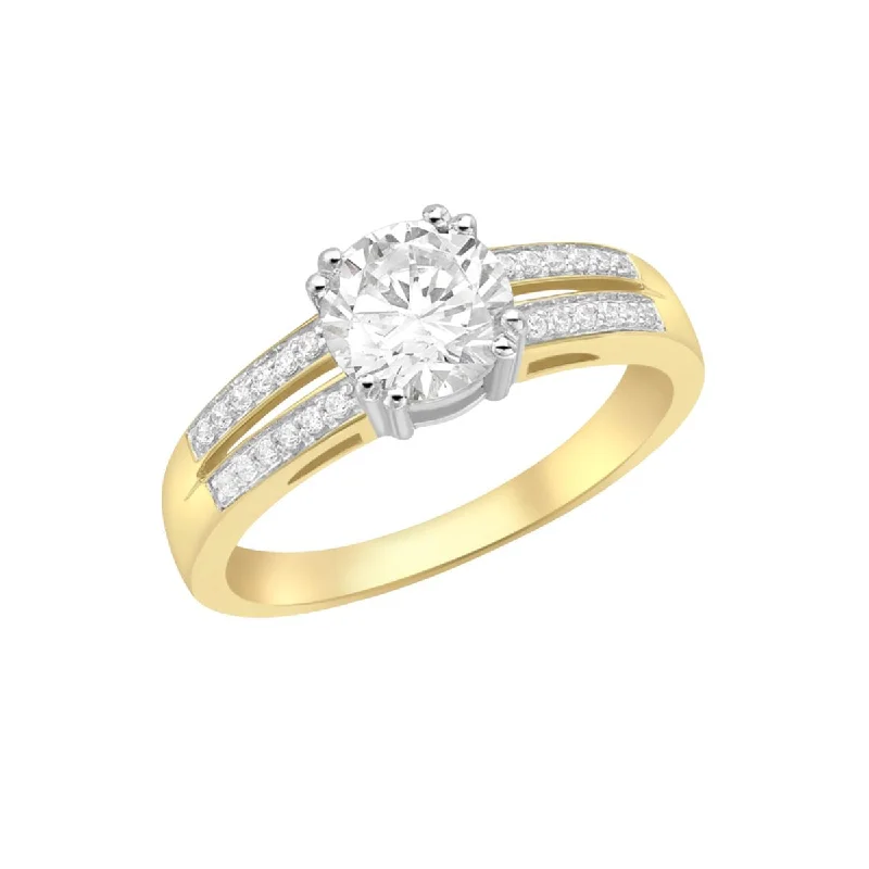 Women's Buddha rings-9K Yellow Gold CZ Pave Set Double-Row Shoulder Ring