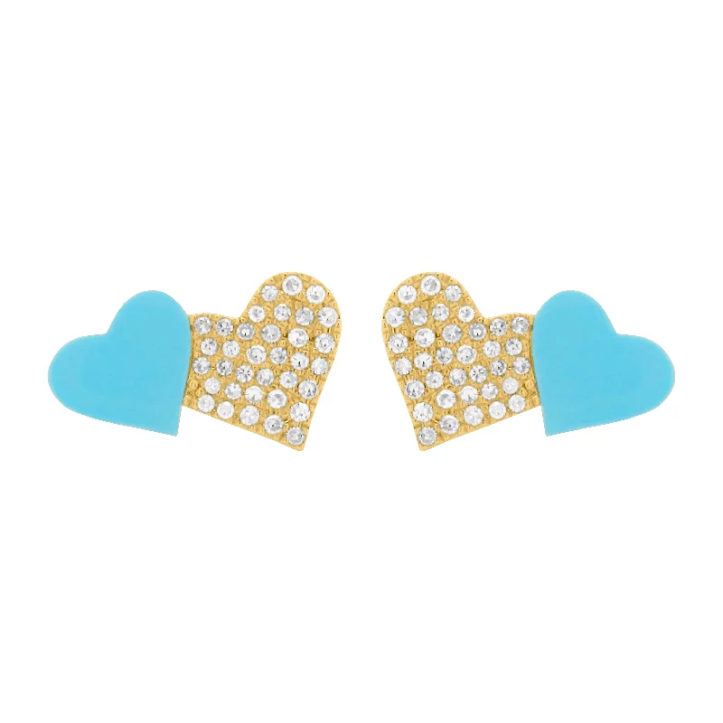 Women's diamond earrings-14K GOLD DIAMOND TURQUOISE ALI HEART STUDS